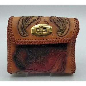 Vintage Colorful Mid Century Ladies Hand Tooled Leather Wallet Flowers